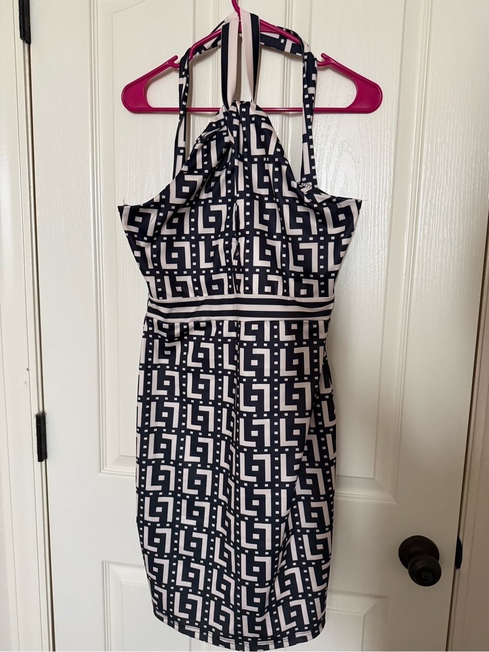 Backless Geometric Halter Dress in Black and Beige